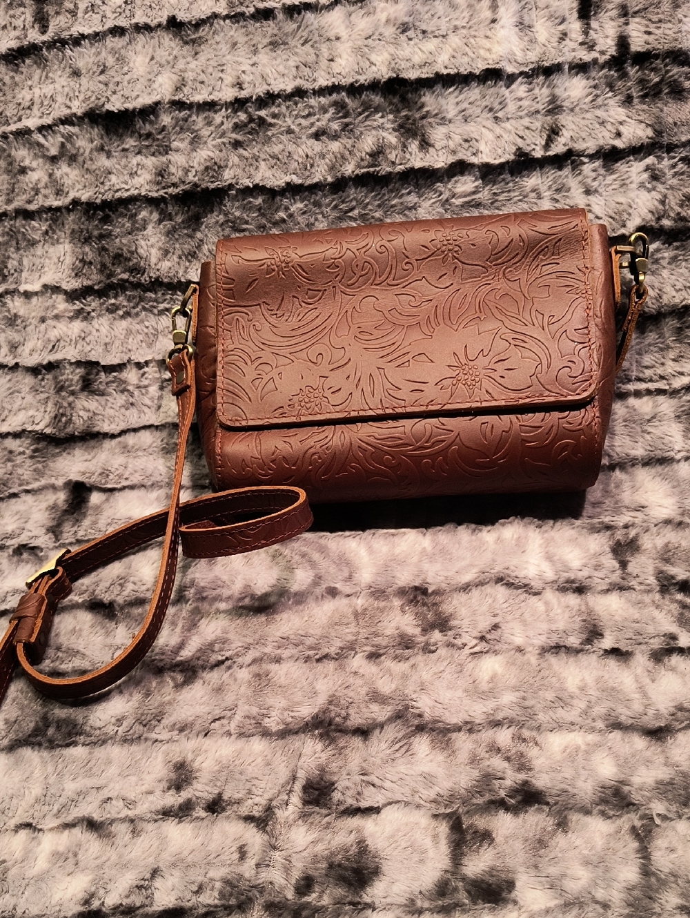 Portland Leather Brown Embossed Floral Crossbody Bag -NWOT